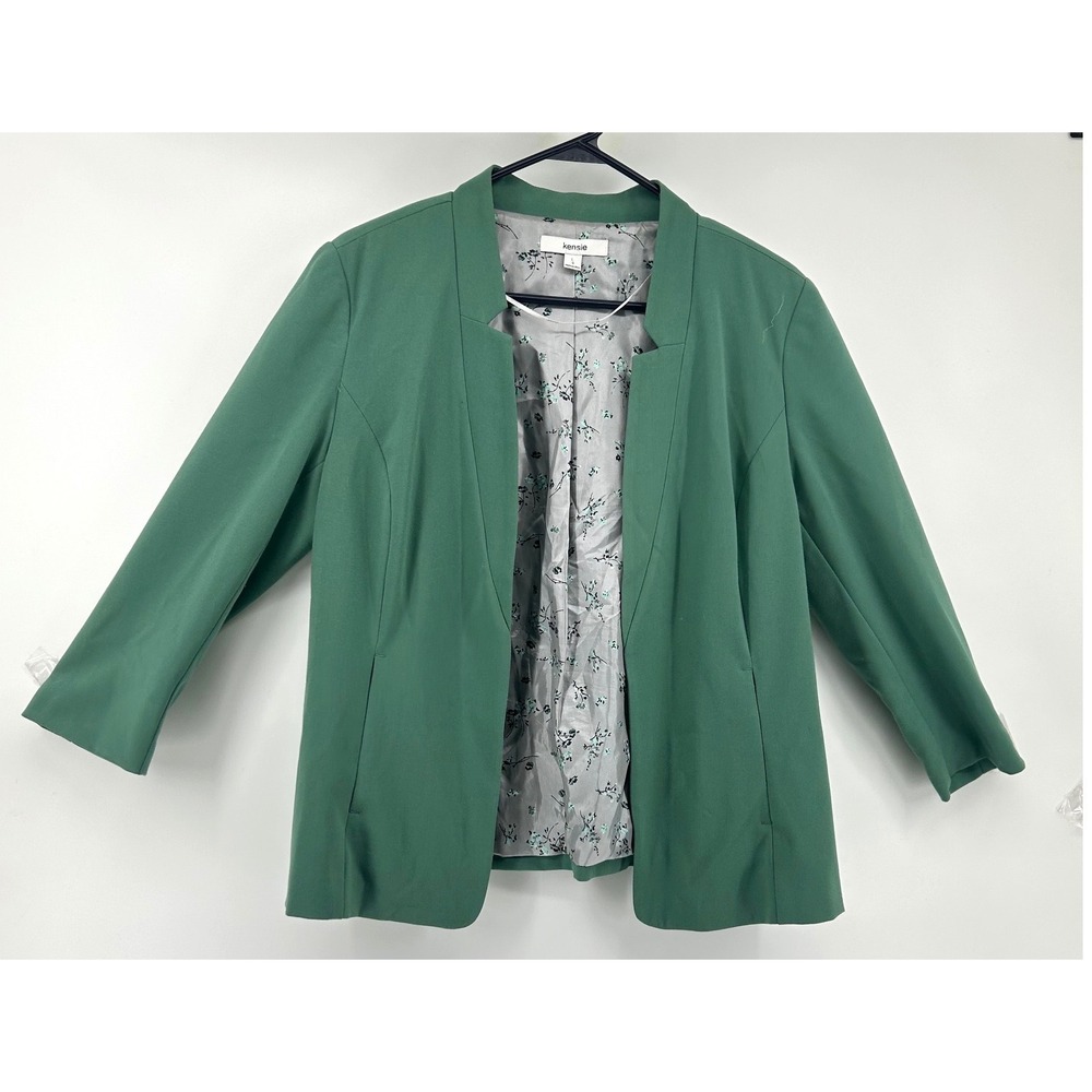 Kensie Womens Green Open Front Floral Lined Blazer Jacket Size L Office Career